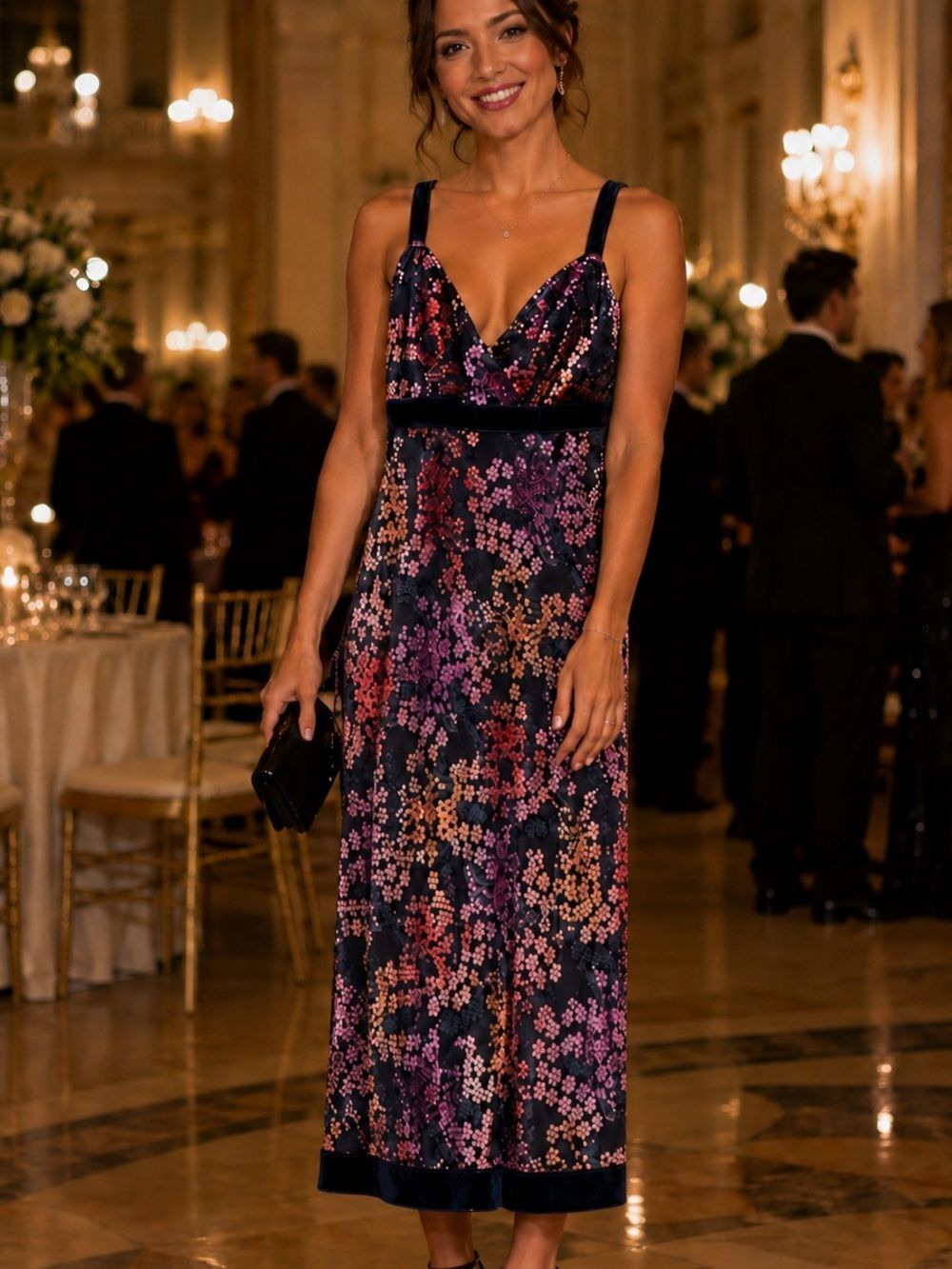 Notice Floral Velvet Silk Blend Halter Style Long Dress. Size Medium. EUC!